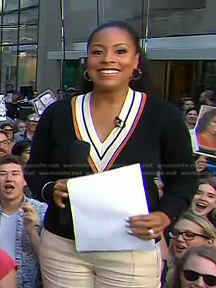 Sheinelle’s black v-neck varsity sweater on Today