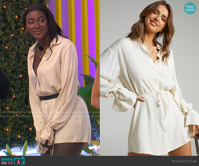 Showpo Wynter Waist Tie Shirt Dress in Off White worn by Zeta Morrison on Love Island USA