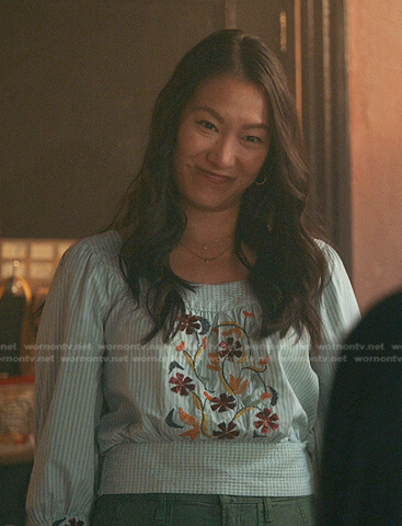 Sumi blue floral gingham check blouse on Good Trouble
