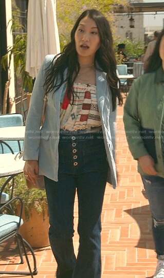 Sumi’s blue corduroy blazer and flare jeans on Good Trouble