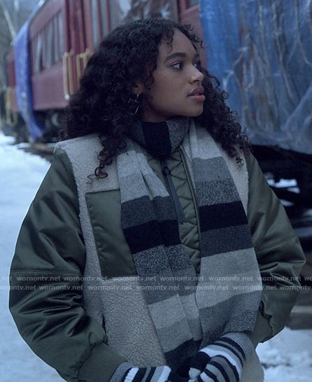 Tabby’s green satin and sherpa bomber jacket on Pretty Little Liars Original Sin