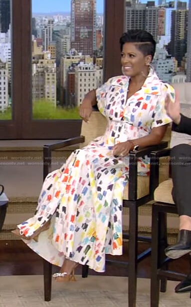 Tamron Hall’s multicolor printed shirtdress on Live with Kelly and Ryan