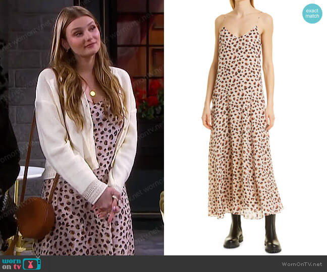 Theory Cami Leopard Print Asymmetric Silk Maxi Dress worn by Alice Caroline Horton (Lindsay Arnold) on Days of our Lives
