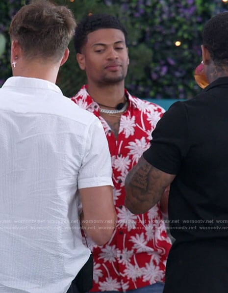 Timmy’s red palm print shirt on Love Island USA