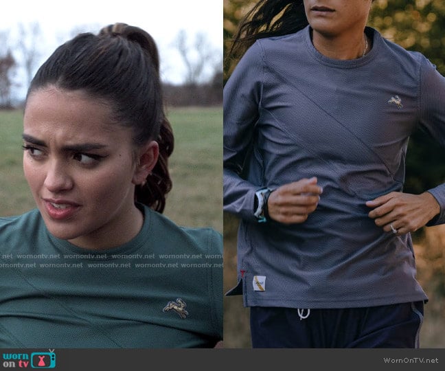 Tracksmith Van Cortlandt Long Sleeve in Sage Bush worn by Noa Olivar (Maia Reficco) on Pretty Little Liars Original Sin