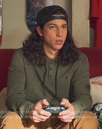 Trent’s green henley hoodie on Never Have I Ever