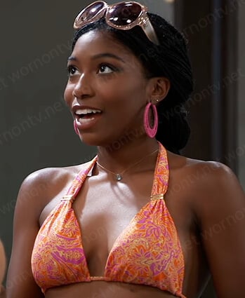 Trina’s orange printed bikini top and tie dye sarong on General Hospital
