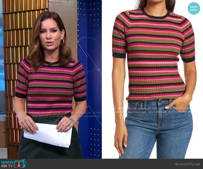Trina Turk Shadows Stripe Sweater worn by Rebecca Jarvis on Good Morning America