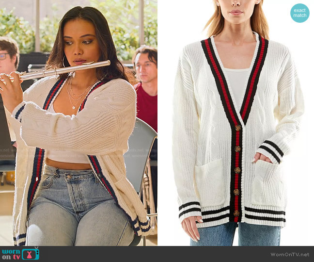 Ultra Flirt Juniors' Oversized Tipped Cardigan worn by Haley Garcia (Alex Felix) on Never Have I Ever