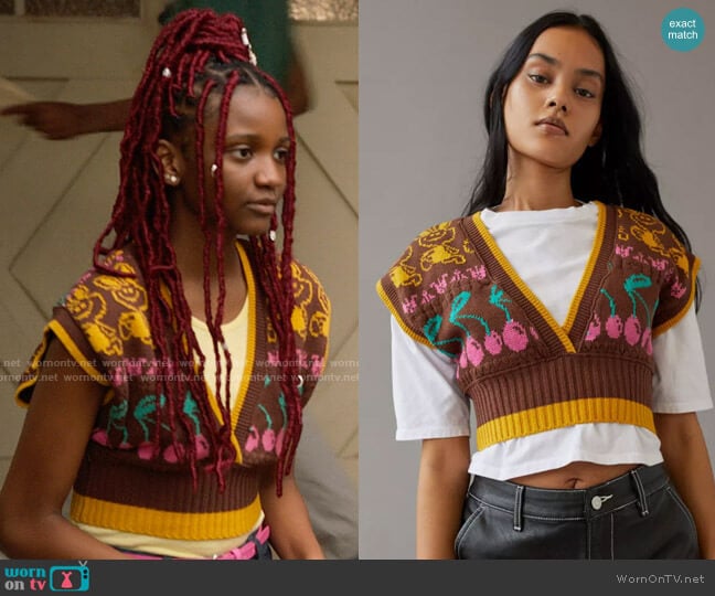 Urban Outfitters Cherry Sweater Vest worn by Alex (Aria Brooks) on High School Musical The Musical The Series