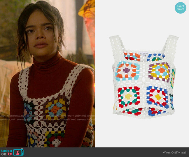 Warehouse Square Crochet Square Neck Crop Vest worn by Minnie 'Mouse' Honrada (Malia Pyles) on Pretty Little Liars Original Sin
