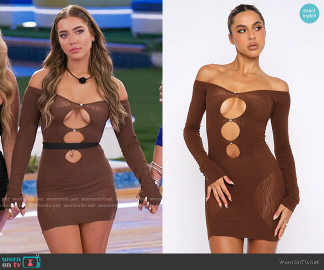 White Fox One Of A Kind Mini Dress in Chocolate worn by Katherine Gibson on Love Island USA