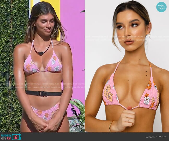 White Fox Boutique St Lucia Bikini Top in Pink Bloom worn by Gabriella Barbaro on Love Island USA