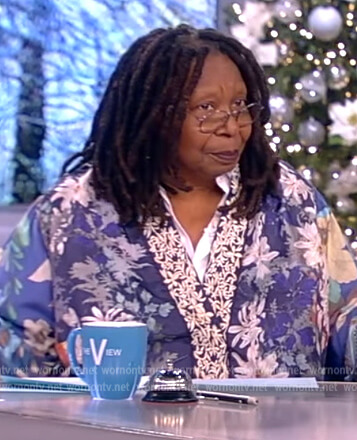 Whoopi’s blue floral embroidered kimono jacket on The View