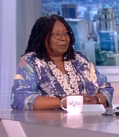 Whoopi’s blue floral embroidered kimono jacket on The View
