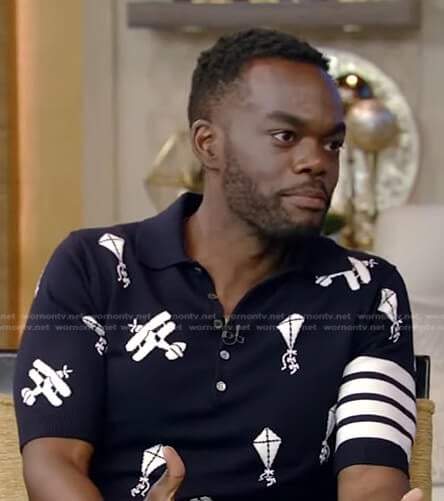 William Jackson Harper’s navy airplane print polo shirt on Live with Kelly and Ryan