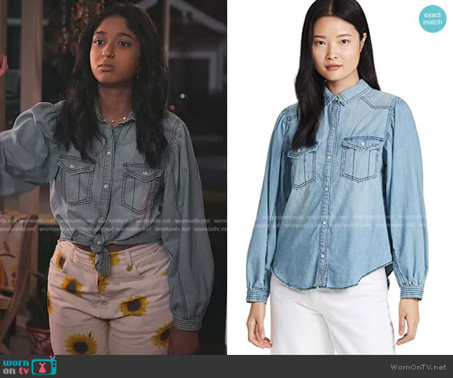Free People with Love Denim Button Down Blouse worn by Devi Vishwakumar (Maitreyi Ramakrishnan) on Never Have I Ever