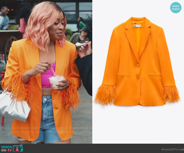 Zara Feathered Blazer worn by Phoebe (Phoebe Robinson) on Everythings Trash