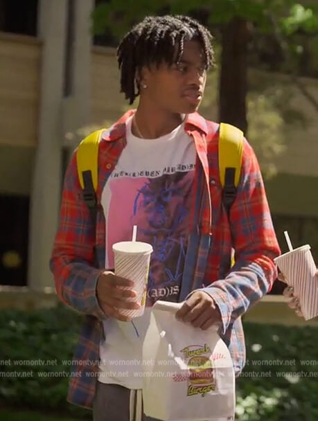 Zeke’s red plaid shirt on Grown-ish