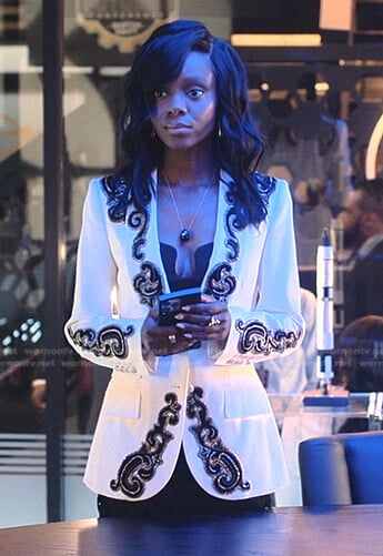 Zenzi’s white embroidered blazer on Tom Swift