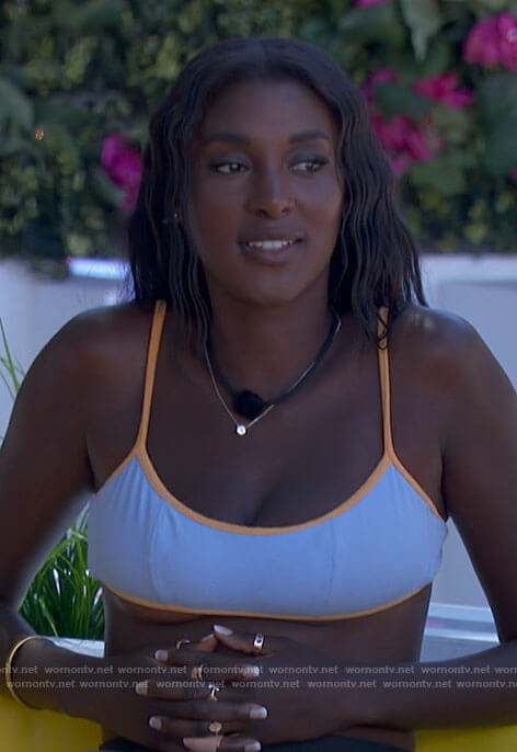 Zeta’s blue bikini with orange trim on Love Island USA