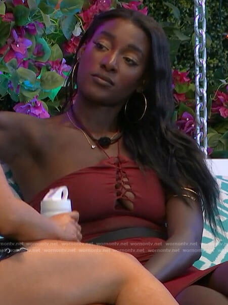 Zeta’s red lace-up halter dress on Love Island USA
