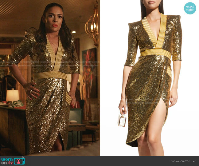 Zhivago Eye Of Horus Sequin & Velvet Midi Dress worn by Cristal Jennings (Daniella Alonso) on Dynasty