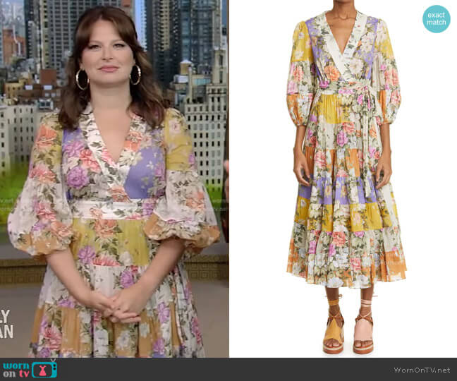Zimmermann Colorblock Floral Wrap Midi Dress worn by Katie Lowes on Live with Kelly and Mark