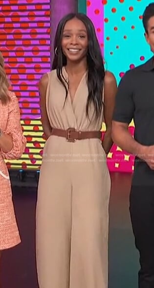 Zuri’s beige belted jumpsuit on Access Hollywood
