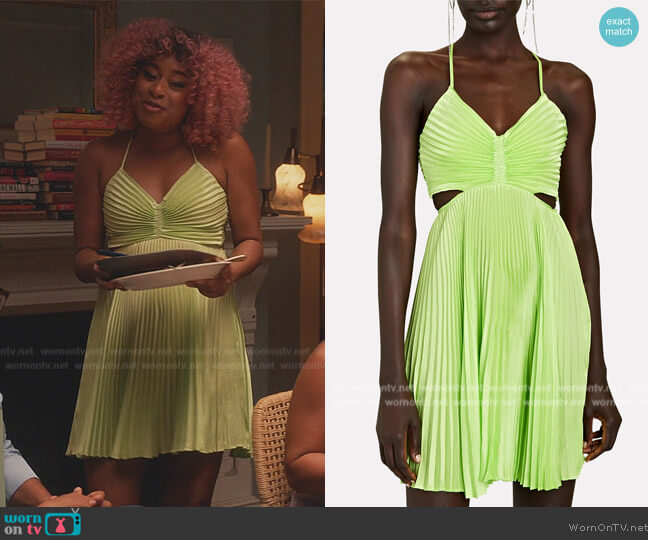 A.L.C. Ari Pleated Satin Mini Dress worn by Phoebe (Phoebe Robinson) on Everythings Trash
