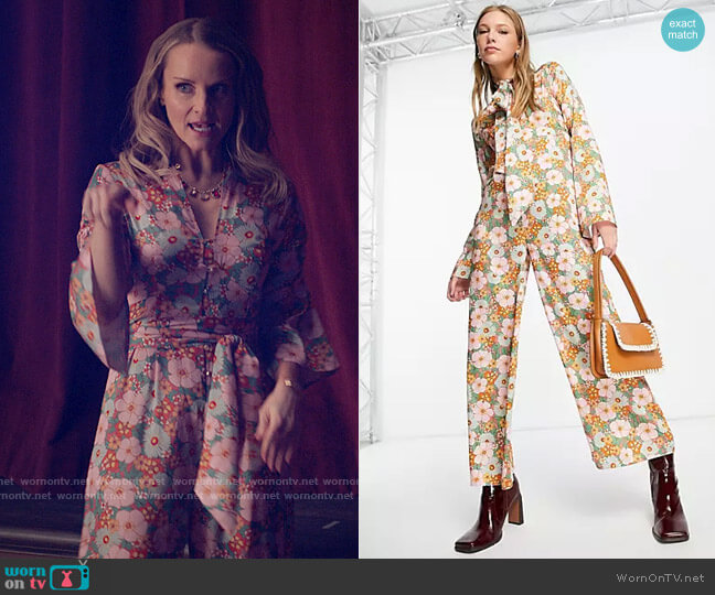 ASOS Design 70s Neck Tie Tea Jumpsuit in Retro Floral worn by Miss Jenn (Kate Reinders) on High School Musical The Musical The Series