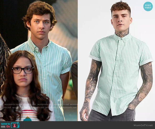 ASOS Design Regular Fit Button Down Oxford Shirt in Mint Stripe worn by EJ (Matt Cornett) on High School Musical The Musical The Series
