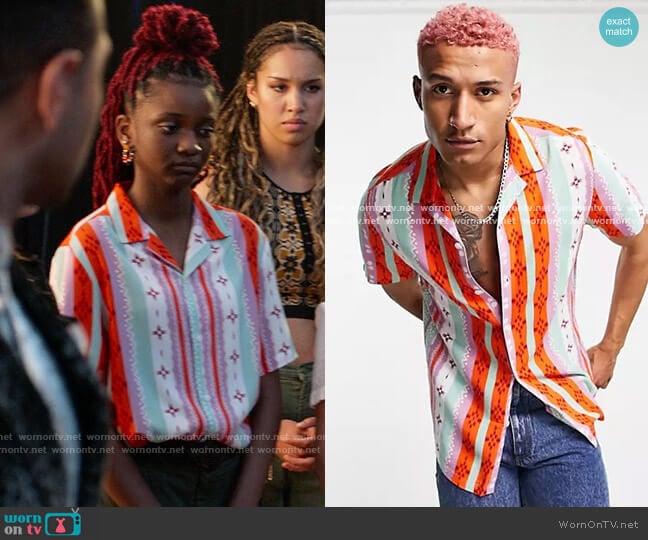 ASOS Design Regular Revere Shirt in Aztec Vertical Stripe worn by Alex (Aria Brooks) on High School Musical The Musical The Series