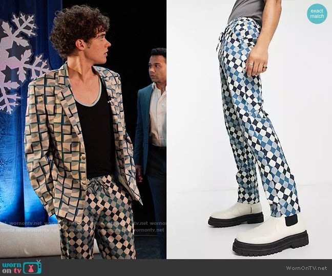 ASOS Design Slim Suit Pants with Elasticated Waistband in Turquoise Geo Print worn by Ricky (Joshua Bassett) on High School Musical The Musical The Series
