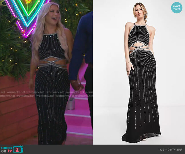 ASOS DESIGN Strappy maxi dress with pearl and linear embellishment in black worn by Deb Chubb on Love Island USA