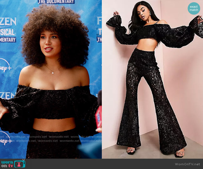 ASOS Luxe 3D Lace Bardot Crop Top in Black worn by Gina (Sofia Wylie) on High School Musical The Musical The Series