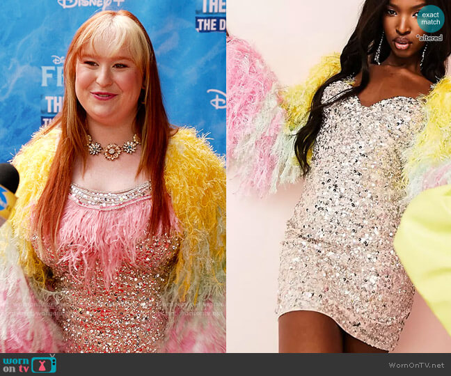 ASOS LUXE Sequin Mini Dress with Ombre Faux Feather Sleeves worn by Ashlyn (Julia Lester) on High School Musical The Musical The Series