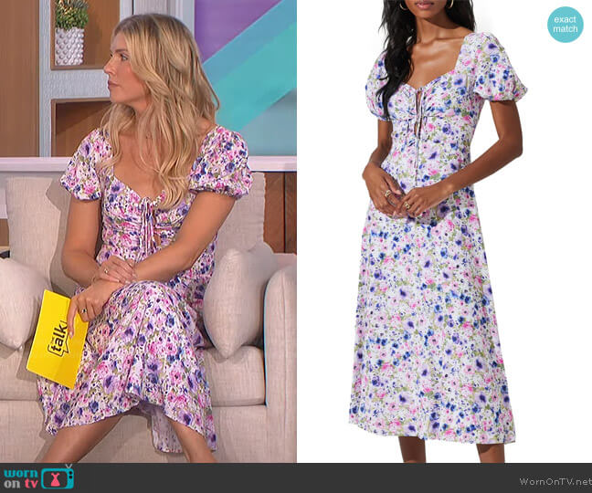 ASTR the Label Lace-Up Puff Sleeve Midi Dress worn by Amanda Kloots on The Talk