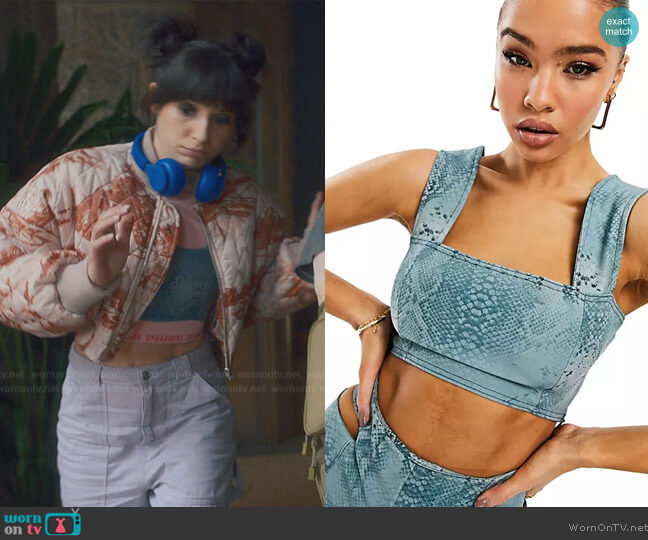 ASOS ASYOU square neck crop top set in blue snake print worn by Musa (Elisha Applebaum) on Fate The Winx Saga