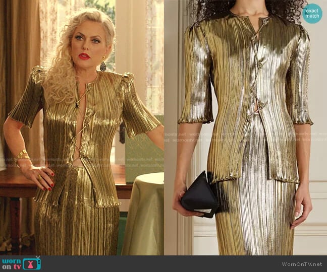 Altuzarra Adoni Cutout Pleated Lame Top worn by Alexis Carrington (Elaine Hendrix) on Dynasty