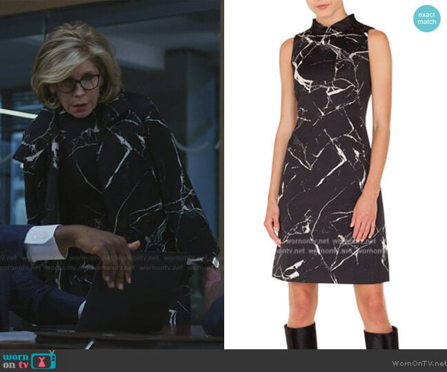 Akris Sleeveless Mock-Neck Marble Tiles Jacquard A-Line Cocktail Dress worn by Diane Lockhart (Christine Baranski) on The Good Fight