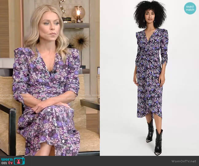 Isabel Marant Albini Floral Print High-Low Midi Dress in Ultra Violet worn by Kelly Ripa on Live with Kelly and Mark