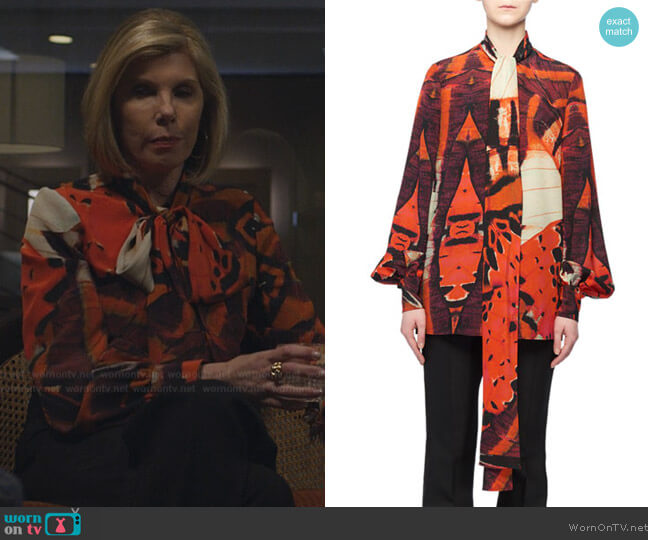 Alexander McQueen Tie-Neck Blouson-Sleeve Tiger Butterfly Print Silk Blouse worn by Diane Lockhart (Christine Baranski) on The Good Fight