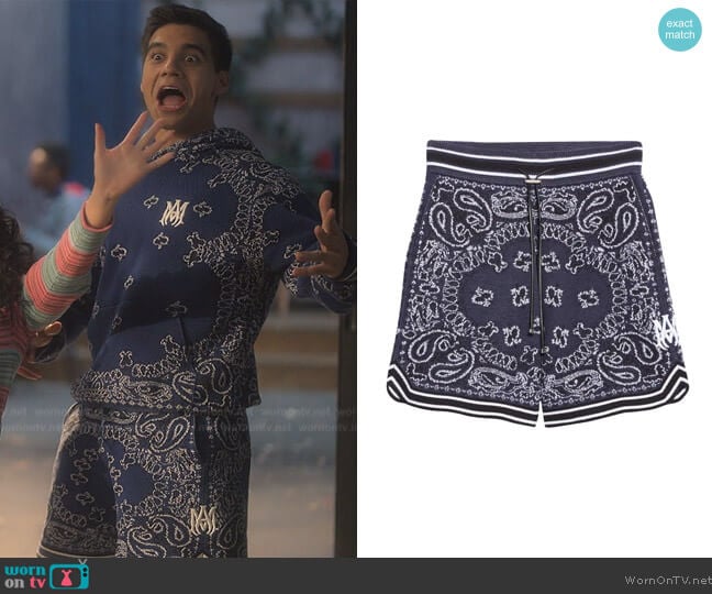 Amiri Bandana B-Ball Cotton & Cashmere Sweater Shorts worn by Vivek Shah (Jordan Buhat) on Grown-ish