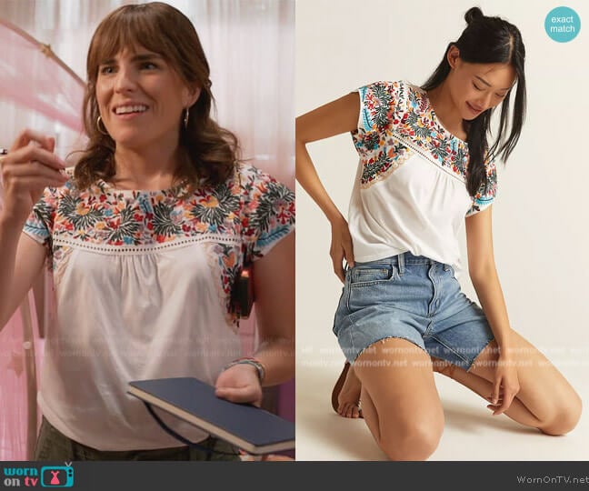 Anthropologie Tiny Tatum Embroidered Tee worn by Marina (Karla Souza) on Home Economics