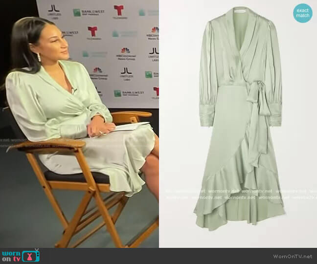 Zimmermann Asymmetric Ruffled Silk-Satin Wrap Dress worn by Morgan Radford on Today