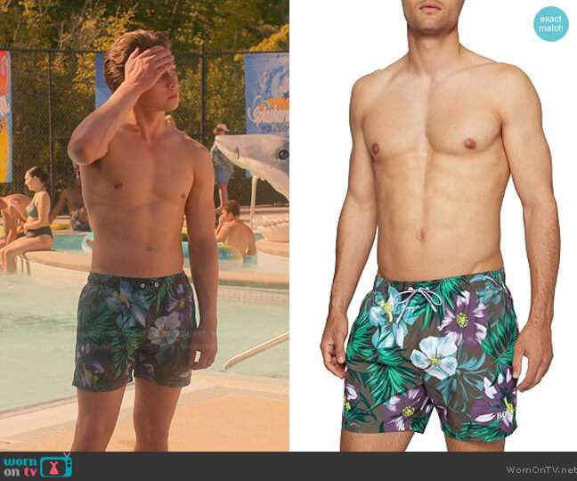 BOSS Piranha Floral Print Regular Fit Swim Trunks worn by Robby Keene (Tanner Buchanan) on Cobra Kai
