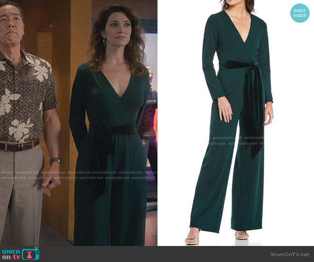 Belle Badgley Mischka Hadley Velvet Sash Surplice V-Neck Jumpsuit worn by Amanda Larusso (Courtney Henggeler) on Cobra Kai