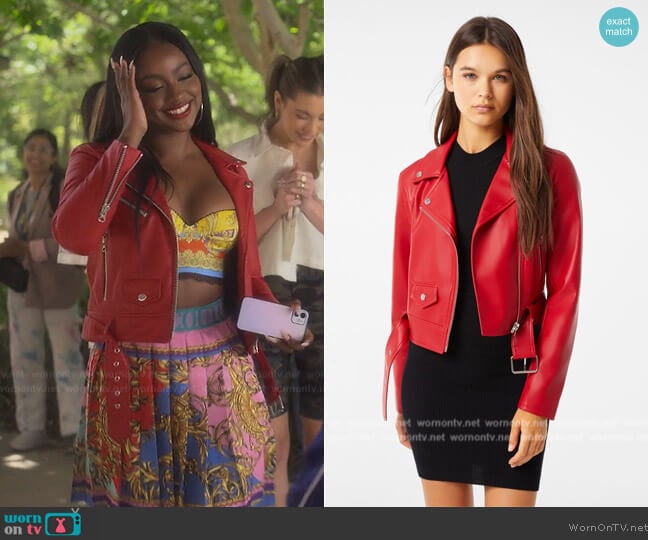 Bershka Belted faux leather biker jacket worn by Annika (Justine Skye) on Grown-ish