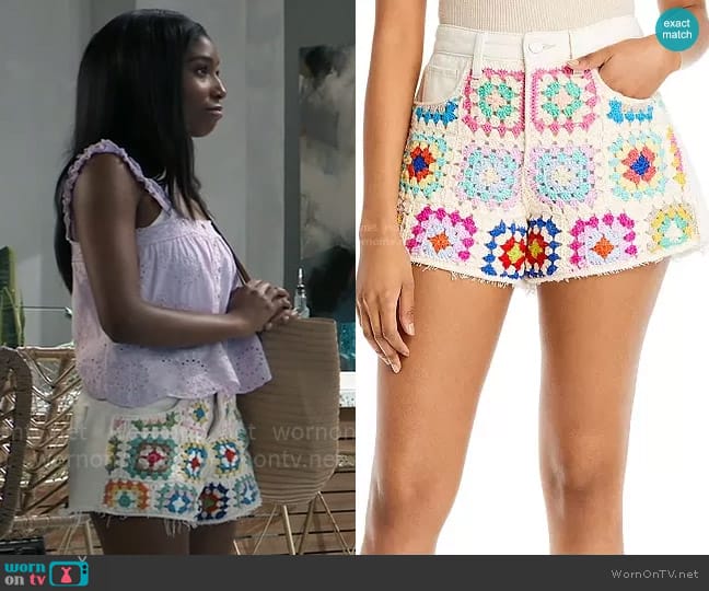 Blank NYC Crochet Front Shorts in Love is Love worn by Trina Robinson (Tabyana Ali) on General Hospital
